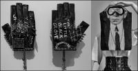 Lagerfeld's fingerless black leather gloves - Handbag, black and white mesh, a trompe l'oeil  image of Lagerfeld, The Met @ 2023 Keith Trumbo