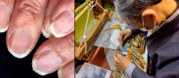 Hirano Kikuo weaving, notches in fingernails to lift threads, Kyoto © 2024 Keith Trumbo