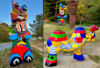 "Frog and Cat" by Karel Appel  -  "Grand chameau" by Niki de Saint Phalle, Benesse House, Naoshima © 2024 Keith Trumbo