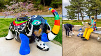 "Elephant Sculpture" by Niki de Saint Phalle - "Le Banc" by  Niki de Saint Phalle,  Benesse House, Naoshima © 2024 Keith Trumbo